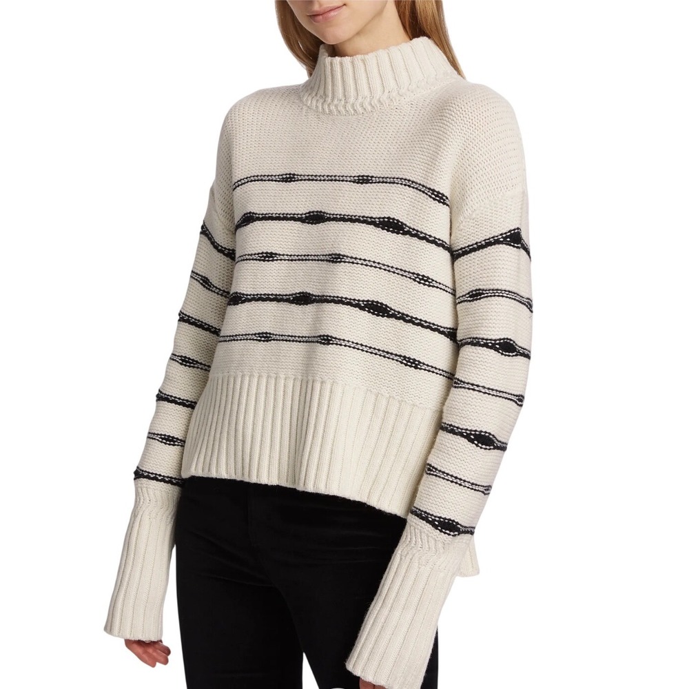 Veronica Beard Viori Wool Blend Striped Turtleneck Knit Sweater Ivory Black L‎
